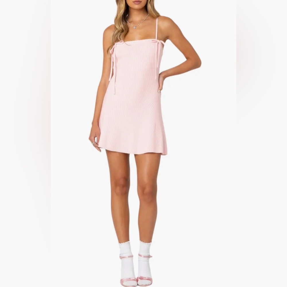 EDIKTED Fridah Bow Tie Rib Minidress in pink and white trim size xs